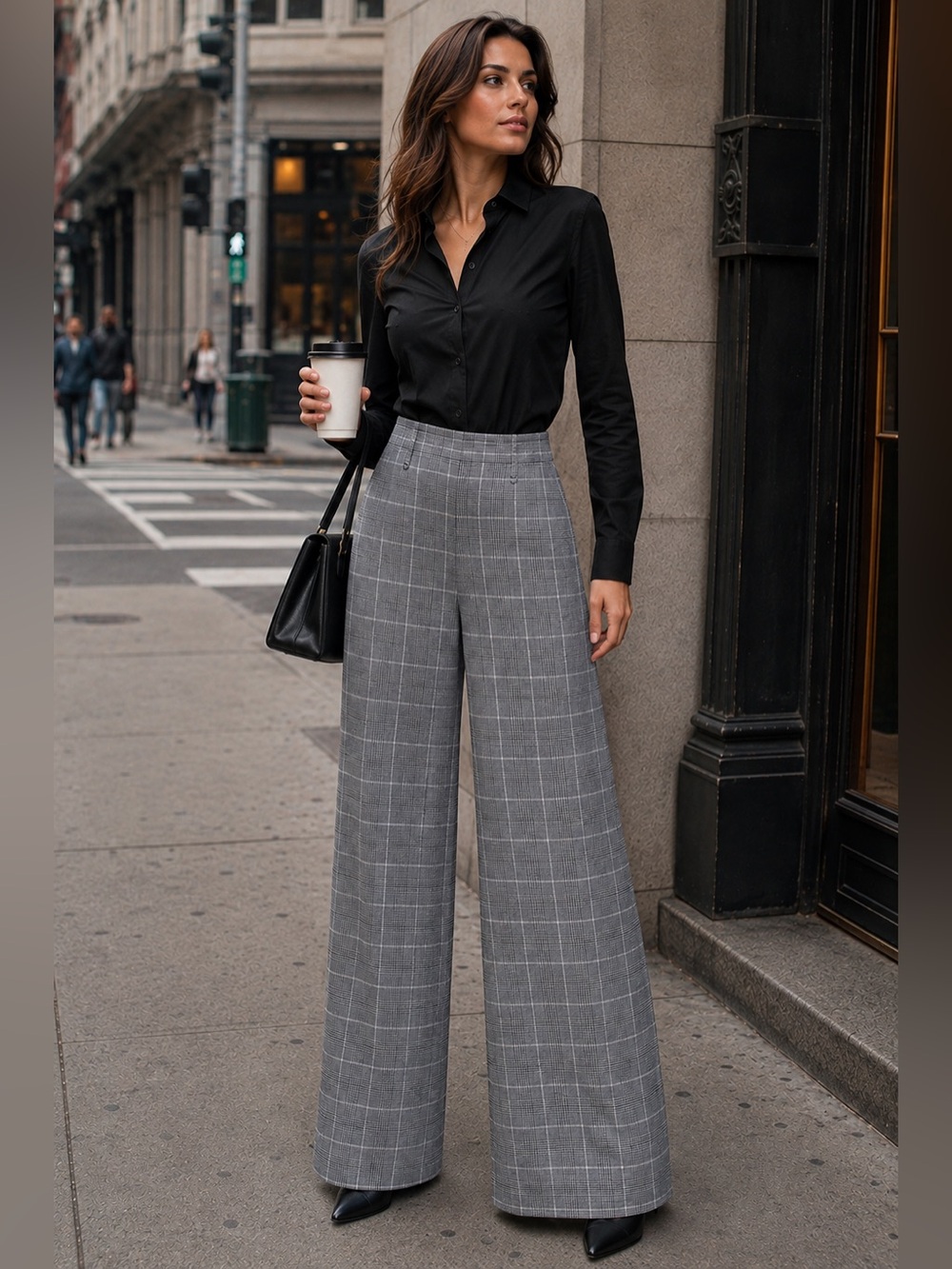 NWT - 14 - New York & Company - Gray Windowpane Plaid Wide-Leg Pants